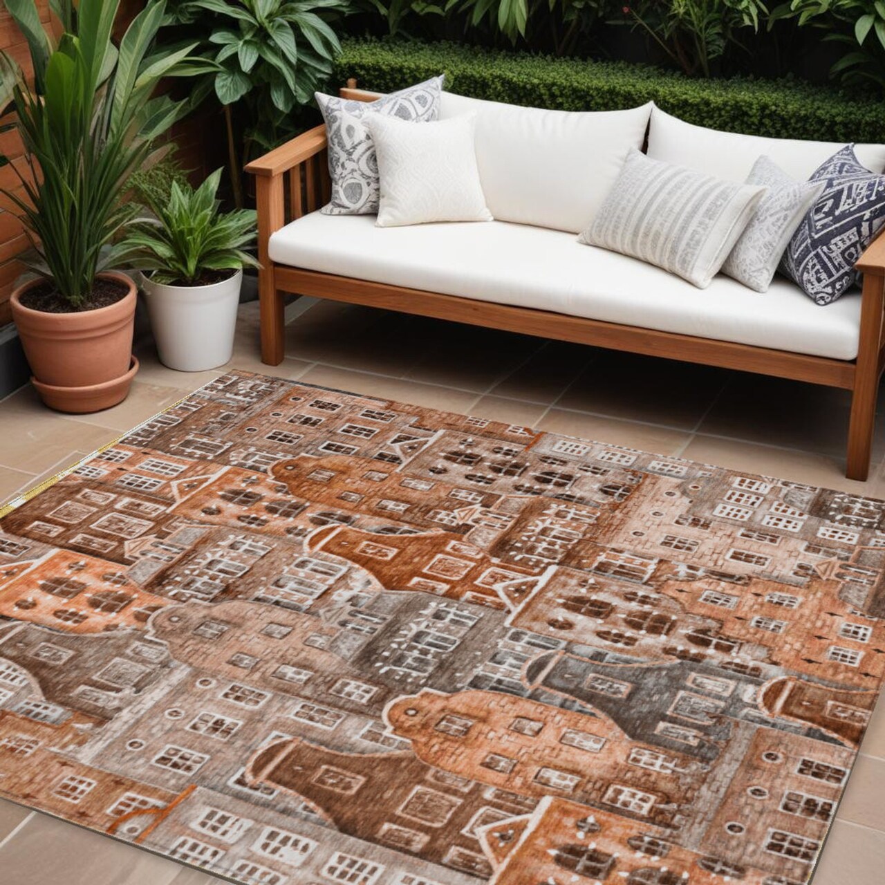 Edge Collections - 8' x 10' - Orange - Washable Area Rug with Village Houses Design for Indoor and Outdoor Use - 1 Piece